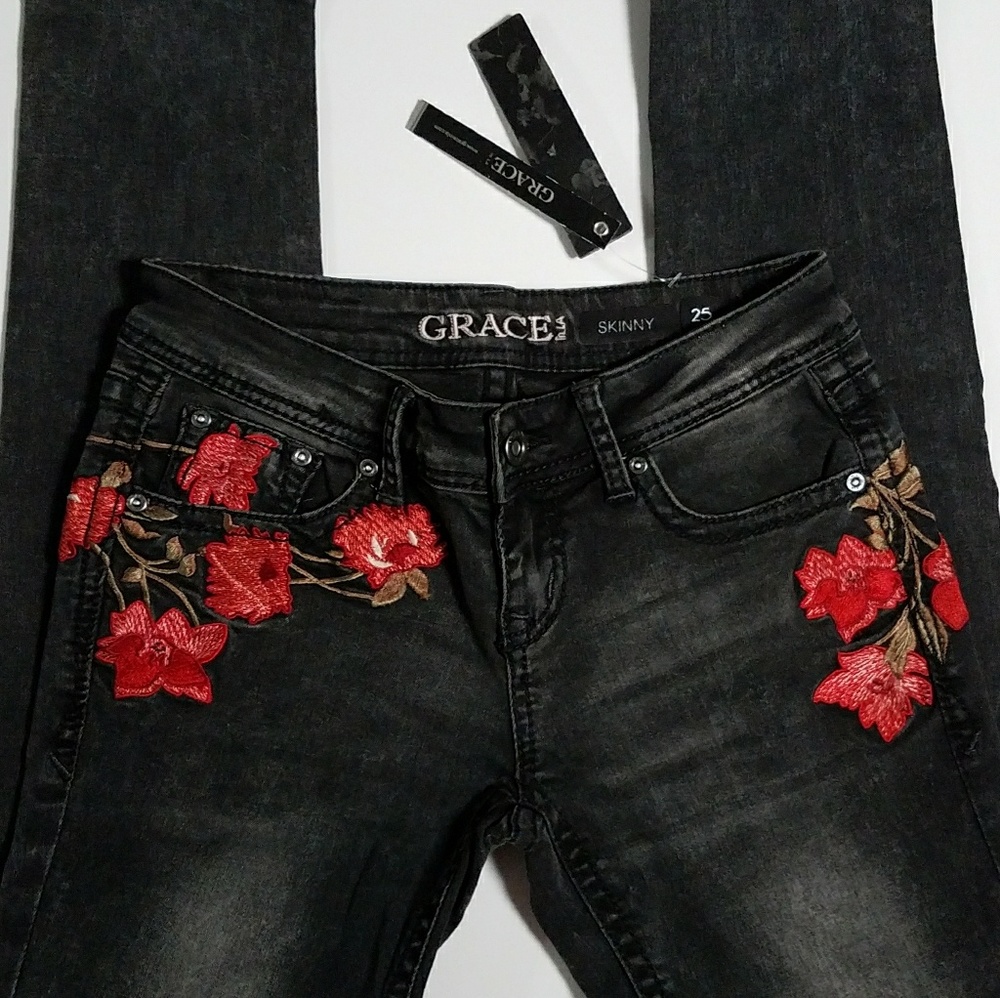 Grace in La Black Embroidered Skinny Jeans